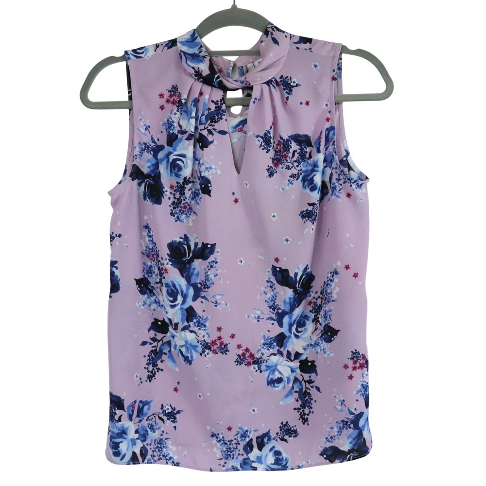 Elle Purple Floral Blouse Tank Top Keyhole Mock Neck Sleeveless Womens Sz XS